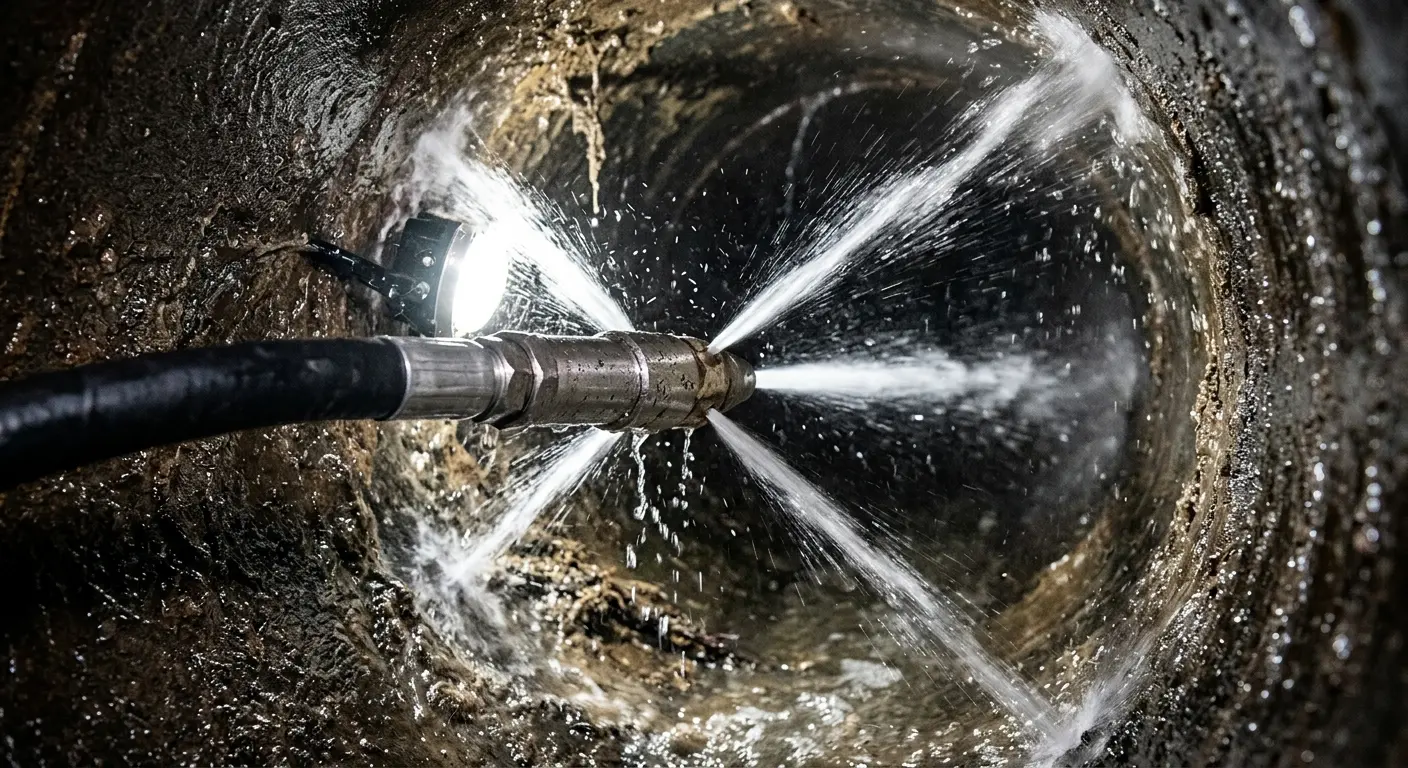 High-pressure hydro jetting nozzle cleaning sewer pipe for Emergency Drain Service in Nevada
