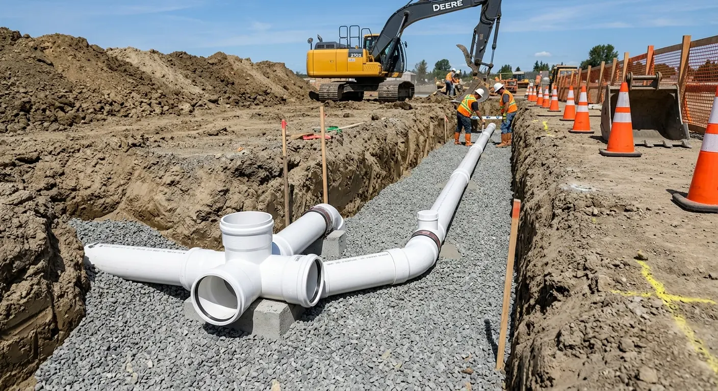 New PVC sewer pipe installation in open trench for Sewer Camera Inspection in Nevada