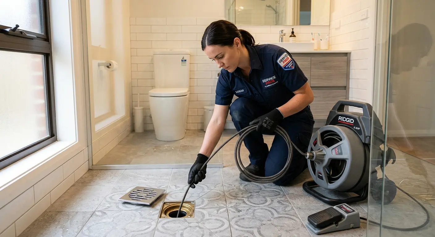 Technician clearing a bathroom floor drain for Drain Repair in Nevada